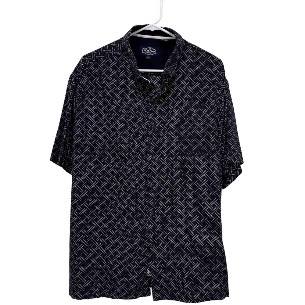 Nat Nast Luxury Original Silk Blend Basket Weave Pattern Navy SS Button Up XL